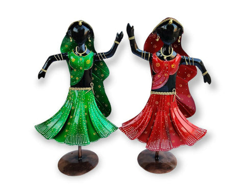 RED & GREEN DRESSED DANCING FRIENDS DOLL SCULPTURES (SET OF 2)